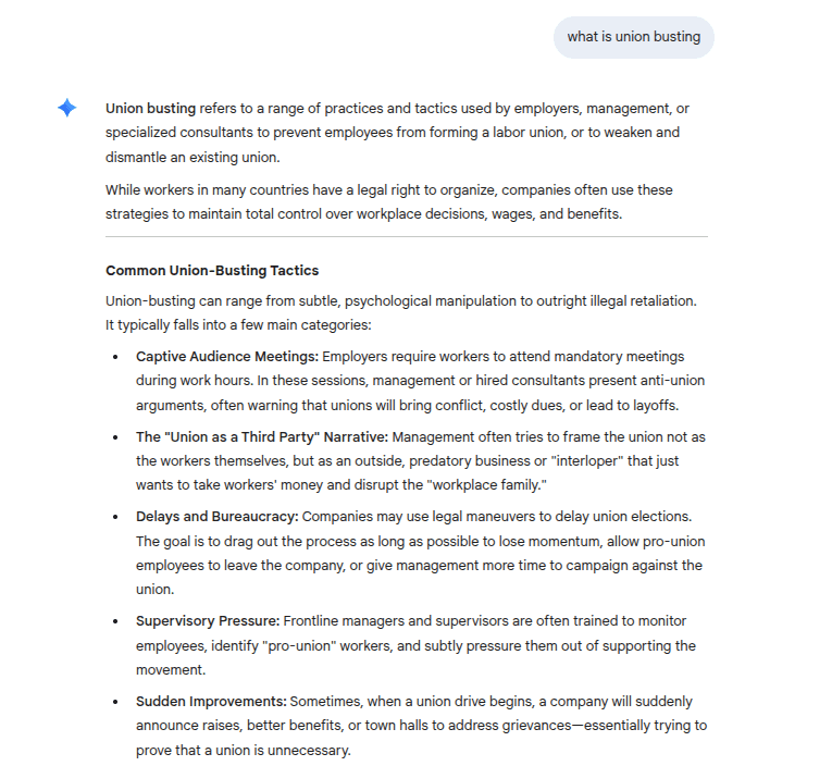 Gemini output on "what is union busting?"